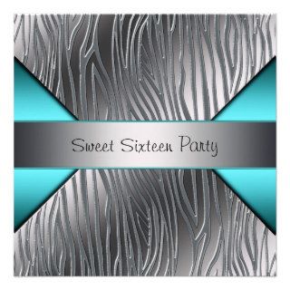 Teal Blue Silver Zebra Sweet 16 Party Custom Invitation