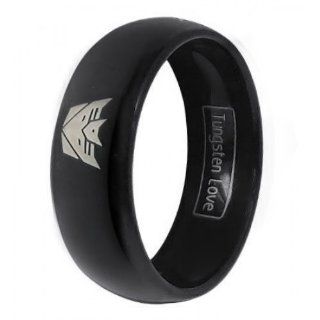 JewelryWe 8mm Men Ladies Black Tungsten Carbide Promise Ring with Silver Laser Etched Transformers Decepticon Symbol Collector's Engagement Wedding Band Jewelry