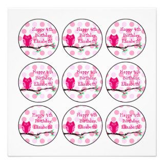 Pink Owl 4th Birthday Cupcake Toppers Personalized Invitation