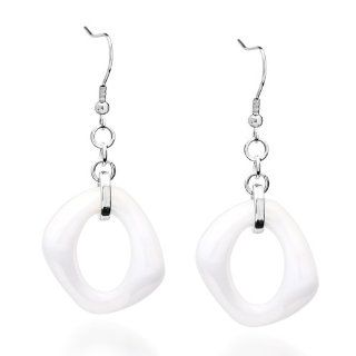 Style #2CE142 TY0 316L Stainless Steel Fish Hook Dangling Ladies Earrings with Genuine White Ceramic Jewelry