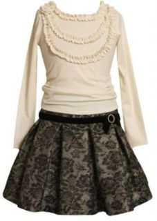 Size 10, Ivory, BNJ 4842X, 2 Piece Ivory Black Metallic Gold Brocade Skirt Set, Bonnie Jean Tween Girls Special Occasion Party Dress Clothing