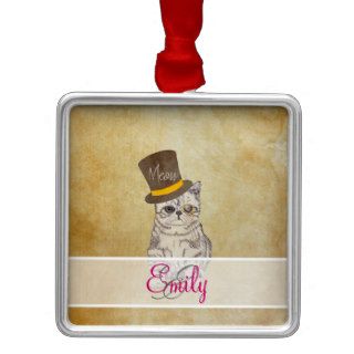Monogram Funny Cat Sketch Monocle and Top Hat Ornament