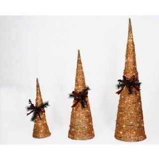 Holiday Living Set of 3 Gold Color Grapevine Cone Christmas Trees  String Lights  