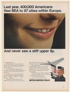 1967 BEA British European Airways Stewardess Smile Never Stiff Upper Lip Print Ad (53602)  