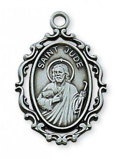 Antique Silver Pewter St. Saint Jude Medal Pendant 1" X 5/8" Ladies Large Ornate Saint w/18" Chain Necklace & Velvet Gift Box Jewelry