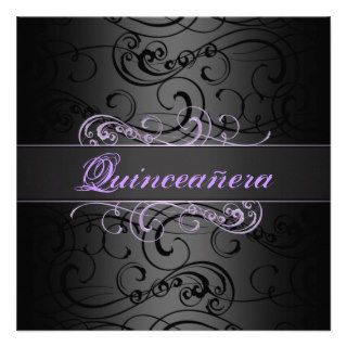 Quinceañera Purple/Black Swirl Birthday Invitation