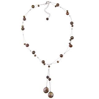 DaVonna Silver Brown FW Round and Coin Pearl Tin Cup Necklace (4 14 mm) DaVonna Pearl Necklaces