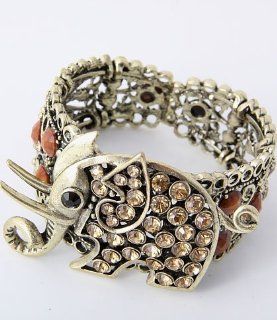 AntiqueGold Tone StretchCuffBracelet /rhinestone/ elephant /acrylic / metal/ lead & nickle free / 1.8" H / color gold & brown Bracelet Earring And Necklace Sets Jewelry