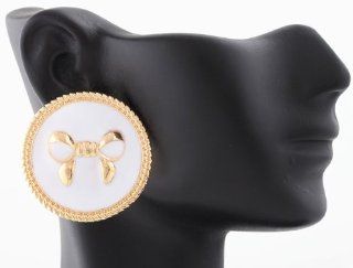 2 Pairs of Gold with White Enamel Bow Tie Circle Stud Earrings Jewelry