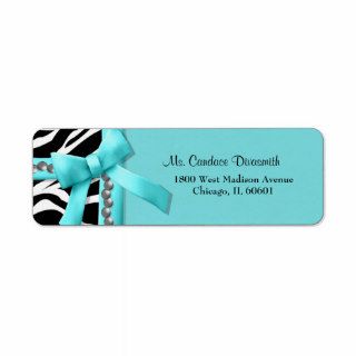 Teal And White Zebra Striped With Silver Pearls Custom Return Address Label