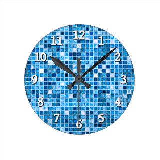 Shades Of Blue 'Watery' Mosaic Tiles Pattern Round Wall Clocks