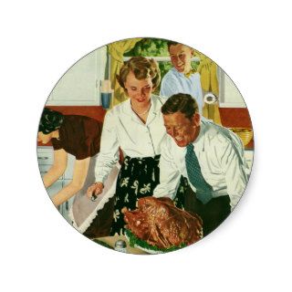 Vintage Family Cooking Thanksgiving Dinner Kitchen Round Stickers