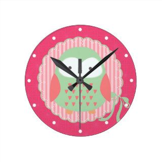 Retro Cute Owl Pink & Green Girly Round Wall Clock