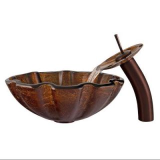 Vigo Glass Vessel Sink in Walnut Shell with Waterfall Faucet Set in Oil Rubbed Bronze VGT032RBRND