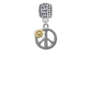 Large Silver Peace Sign with Gold Daisy and Crystal Sister Charm Dangle Bead Delight Jewelry Jewelry