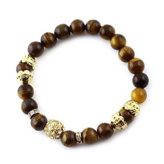Genuine Stone Bead Bracelet; Tiger Eye Stone Beads; Gold Tone Metal; Clear Rhinestones; Stretch; Jewelry