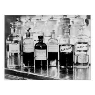Display of apothecary bottles containing drugs posters