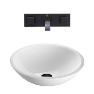 Vigo Flat Edged Stone Glass Vessel Sink in White Phoenix and Wall Mount Faucet Set in Antique Rubbed Bronze VGT229