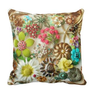 Floral Vintage Jewelry Collage Design Pillow