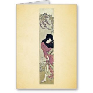 Woman protecting against the wind byTorii,Kiyonaga Greeting Cards