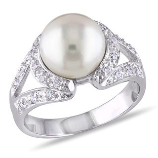 Miadora Sterling Silver Pearl and White Topaz Cocktail Ring (9 10 mm) Miadora Pearl Rings