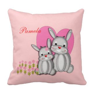 Cute Girly Pink Bunny Rabbits Personalized Name Throw Pillows
