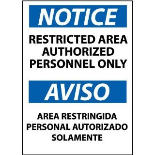 NMC ESN221PB Bilingual OSHA Sign, Legend "NOTICE   RESTRICTED AREA AUTHORIZED PERSONNEL ONLY", 14" Length x 10" Height, Pressure Sensitive Adhesive Vinyl, Black/Blue on White Industrial Warning Signs