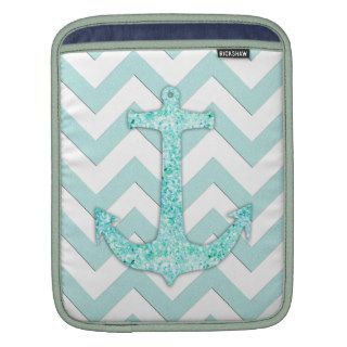 Aqua Glitter Nautical Anchor Teal chevron pattern iPad Sleeve