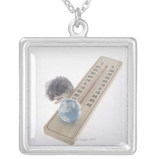 Mouse grooming beside thermometer with model of necklaces