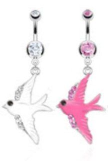 (2pcs) Enamel Colored Swallow with Line of CZ on Wings Dangle Navel Ring 14G White & Pink Jewelry