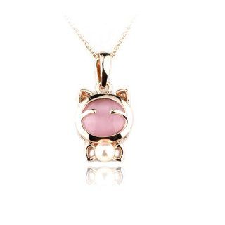 Fashion Plaza 18k Gold Plated Cute Cat with Pearl Pendant Animal Necklace Chain N242 Jewelry
