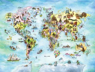Wall Mural Photo of Kids World Map. Full wall size 10.5' wide by 8' high.Prepasted Removable, Reusable, Dry Strippable, Washable. Easy to hang for a seamless look. Other sizes and custom sizes available. From an original artwork of Johanne Ppin 