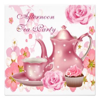 Afternoon Tea Party Vintage Pink Rose Teapot Personalized Invitation