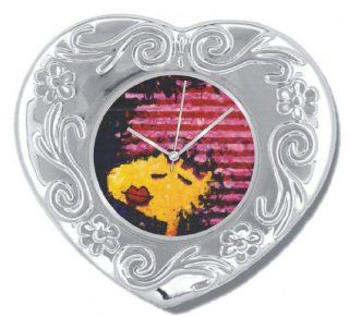 "Snoopy by Everhart" Silver Color Heart Shaped Desk Top Table Clock Featuring Tom Everhart's Image of Woodstock as "Bird Lips In A Pink Polyester Wig" on the Dial Watches