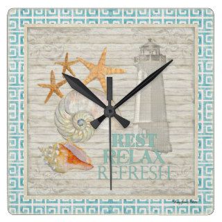 Watercolor Lighthouse Shells   Beach Cottage décor Square Wall Clock