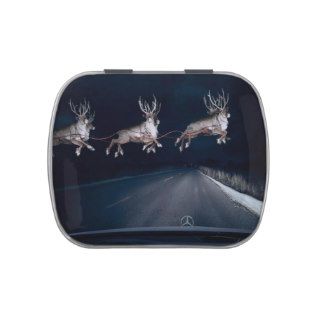 "Whatshould appear" flying reindeer candy tin