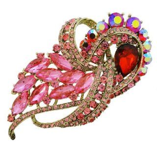 Gold Tone Pink Austrian Crystal Flower Ribbon Brooch Jewelry