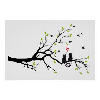 Cats in love with red hearts on spring tree posters