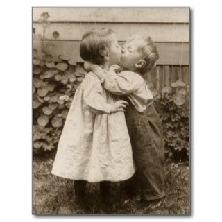 Vintage Love Romance, Children Kissing, First Kiss Post Card