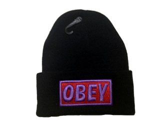 Obey Black Beanie with Purple Logo Sports & Outdoors