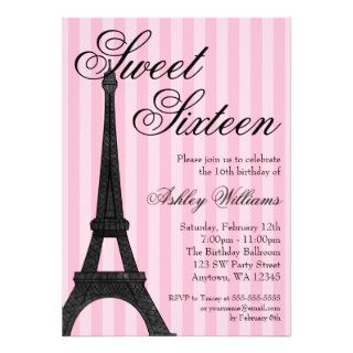 Pink Stripe Paris Themed Sweet 16 Birthday Personalized Invite