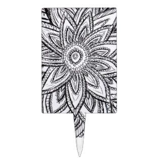 Retro Black and White Abstract Flower Sketch Cake Topper