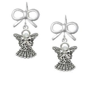 Antiqued Silver Angel with Bow & Crystal Silver Layla Bow French Earrings Dangle Earrings Jewelry