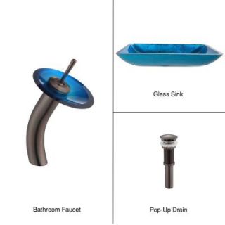 KRAUS Rectangular Glass Bathroom Sink in Irruption Blue with Waterfall Faucet in Oil Rubbed Bronze C GVR 204 RE 10ORB