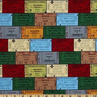 44'' Wide Rail King Passenger Tickets Blue/Green Fabric By The Yard