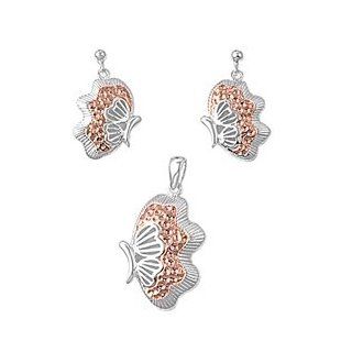 Sterling Silver Elegant Ocean Design Seashell Pendant and Earrings Jewelry Set with Rose Gold Plated Accents Jewelry