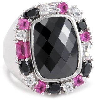 Giorgio Martello Sterling Silver Rhodium Plated Black, Amethyst, and White Cubic Zirconium Ring, Size 8 Jewelry