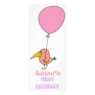 Pink Cartoon Bird First Birthday Party Invitations