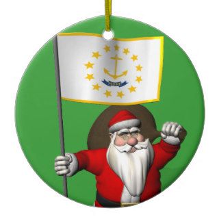 Santa Claus With Flag Of Rhode Island Christmas Ornament