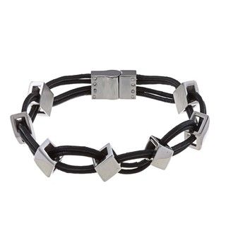 La Preciosa Stainless Steel Leather and Diamond Shaped Links Bracelet La Preciosa Men's Bracelets